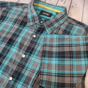 Nick(it) Plaid Button Up Shirt Stretch Men’s Size XL Blue 100% Cotton‎ Logo